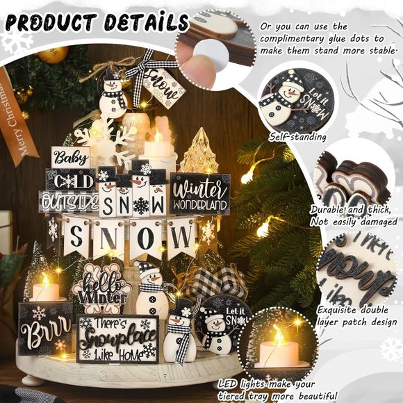 24 Pcs Black White Distressed Style Set Let It Snow Snowflake Wooden Tray Decor - Picture 4 of 7